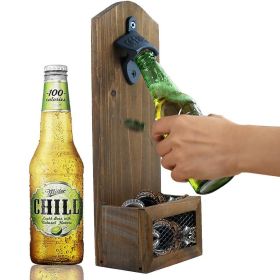 Wooden Bottle Opener Wall Mounted with Cap Catcher, Gifts for Men and Beer Lovers