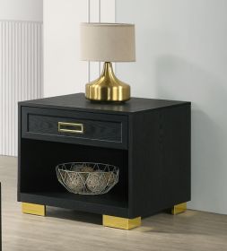 1pc Contemporary Square End Table Storage Drawer Open Shelf Black Gold Finish Metal Pull Knob Living Room Bedroom Wooden Modern Furniture