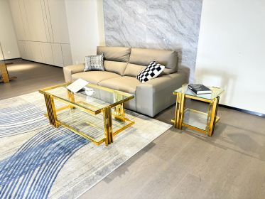 Golden Stainless Steel Double-Layer Clear Tempered Glass Coffee Table Set for Bed Room, Living Room