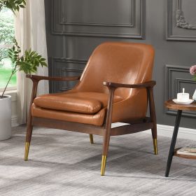 29.2'' Mid-Century Faux Leather Accent Chair with Cushioned Seat, Solid Wood Frame, and Brass-Tipped Legs ‚Äì Perfect for Living Room, Bedroom