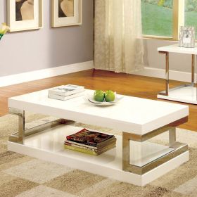 Contemporary Style White 1pc Coffee Table Bottom Shelf High Gloss Lacquer Coating Chrome Frame Accents Living Room Furniture