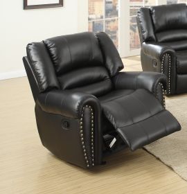 Modern 1pc Manual Motion Recliner Chair Glider Black Color Bonded Leather Armrest Cushion Seating Nailhead Living Room Furniture