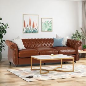 84.50'' Mid Century Cognac Brown 3-Seater Sofa, PU, Classic Retro Sofa with Rolled Arms ‚Äì Modern, Elegant, and Comfortable Couch