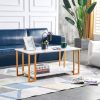 Coffee Table, 2 Layers 1.5cm Thick Marble MDF Rectangle 39.37" L Tabletop Iron Coffee Table , Dining Room, Coffee Shop, Resterant, White Top, Gold Leg