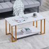 Coffee Table, 2 Layers 1.5cm Thick Marble MDF Rectangle 39.37" L Tabletop Iron Coffee Table , Dining Room, Coffee Shop, Resterant, White Top, Gold Leg