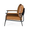 Mid-Century Modern Accent Chair with Brown Faux Leather Upholstery, Padded High Backrest, Metal Frame and Wood Armrests, Perfect for Living Room