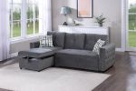 Gray Velvet Convertible Sectional Sofa Pull out Bed Couch Storage Chaise Tufted Reversible 2pc Sectional Living Room