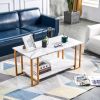 Coffee Table, 2 Layers 1.5cm Thick Marble MDF Rectangle 39.37" L Tabletop Iron Coffee Table , Dining Room, Coffee Shop, Resterant, White Top, Gold Leg