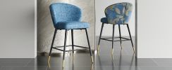 Counter Height Bar Stools Set of 2, Jacquard Upholstered Bar Chairs, Metal Footrest and Frame for Kitchen,Dining Room,28"H Seat Height , Blue