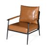 Mid-Century Modern Accent Chair with Brown Faux Leather Upholstery, Padded High Backrest, Metal Frame and Wood Armrests, Perfect for Living Room