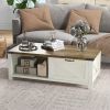 HOMCOM Farmhouse Coffee Table with Storage and Drawer, Rustic Coffee Table for Living Room, Open Shelf, White