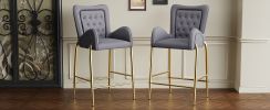 28.75inch Counter Height Bar Stools Set of 2, Bar Height Arm Chairs, Velvet Fabric Stools with Golden Legs and Footrests,Gray