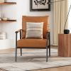 Mid-Century Modern Accent Chair with Brown Faux Leather Upholstery, Padded High Backrest, Metal Frame and Wood Armrests, Perfect for Living Room