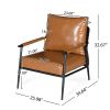 Mid-Century Modern Accent Chair with Brown Faux Leather Upholstery, Padded High Backrest, Metal Frame and Wood Armrests, Perfect for Living Room