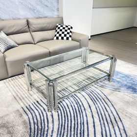 Silver Stainless Steel Double-Layer Clear Tempered Glass Coffee Table for Bed Room, Living Room (Color: as Pic)